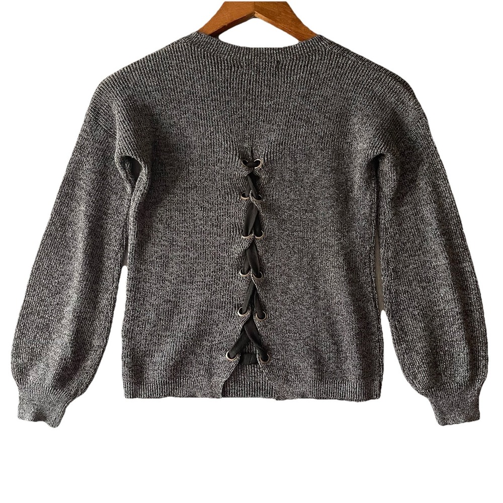 Pinc‎ Premium Sweater Kids Size M Grey Lace Up Back Crew Neck Knit Ribbed Edgy